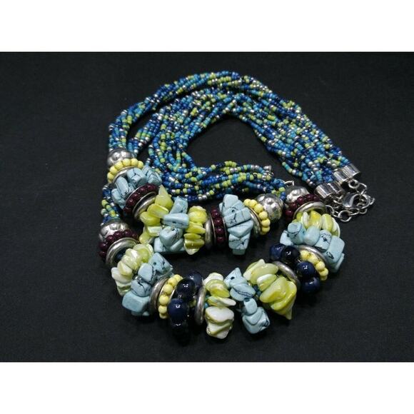 Chico's Blue Green Seed Bead Gemstone MOP Two Strand Necklace, 25 Inches - Picture 8 of 9